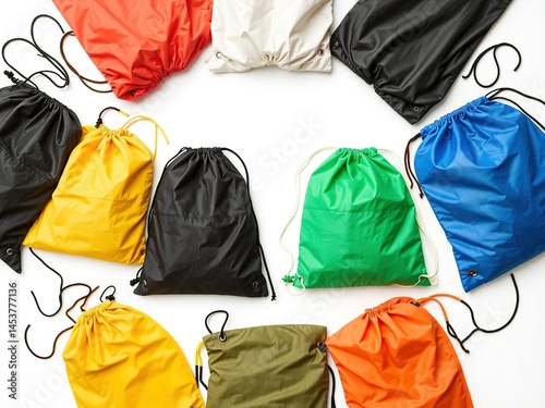 Obraz na płótnie Colorful Sports Drawstring Bags Isolated on White Background w salonie