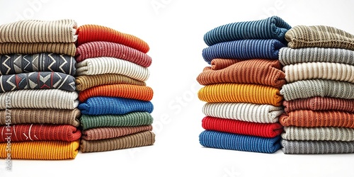 Obraz na płótnie Colorful Sweater Stack on White Background, Fashionable Style w salonie