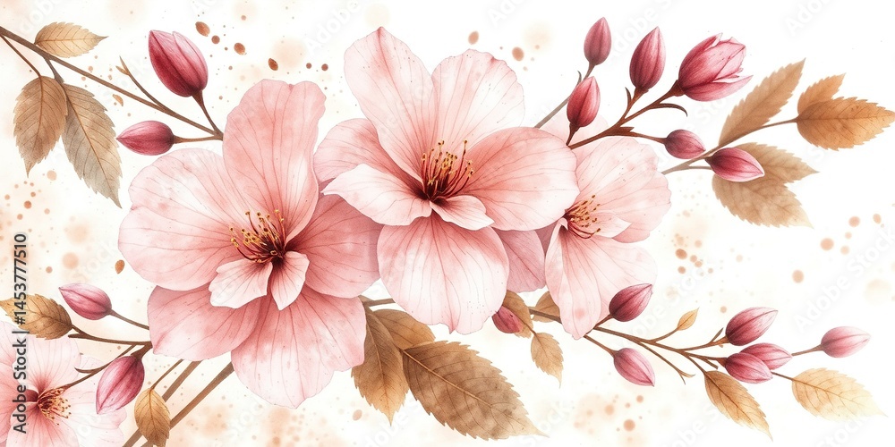 Delicate Pink Flowers and Almond Leaves Watercolor Banner