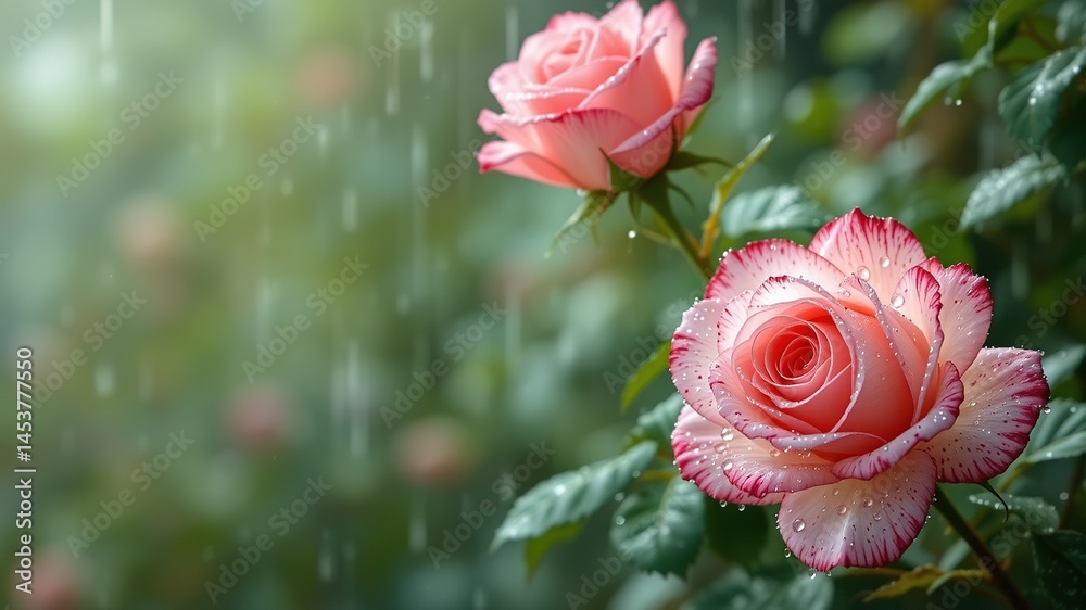 Delicate Pink Roses and Raindrops on a Rainy Day