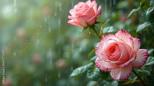 Obraz na płótnie Delicate Pink Roses and Raindrops on a Rainy Day w salonie