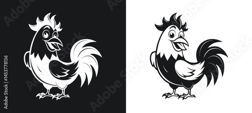 Stylized black and white illustration of a cheerful rooster in outline on two backgrounds