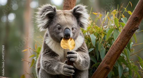 Closeup Endearing Portrait of a Fluffy Koala Perched Amidst Eucalyptus Branches Curiously Holding a Gleaming Golden Eucalyptus Leaf Its Claws Gently Securing the Leaf