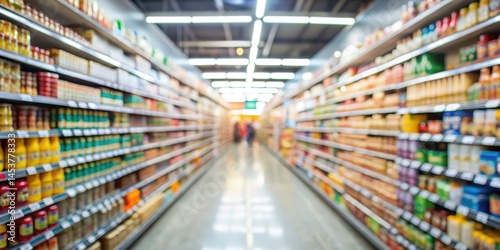 A blurred commodity product on a supermarket shelf with a soft focus effect creating an abstract atmosphere, conveying a sense of mystery and allure , shelf, commodity