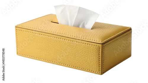 Elegant yellow leather tissue box holder with white tissues on black background