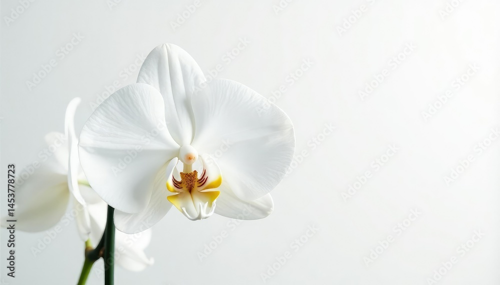 Obraz premium Delicate white orchid blossom against pure white backdrop, photography, spring, nature