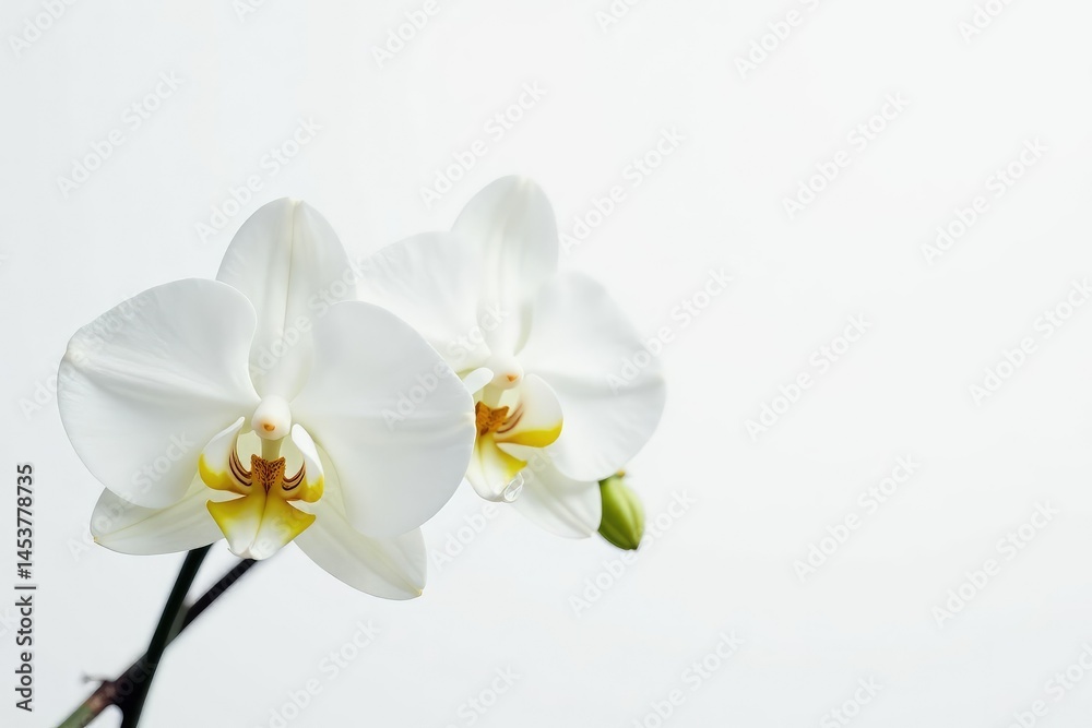 Obraz premium Delicate white orchid blossom on pure white background, stock, closeup