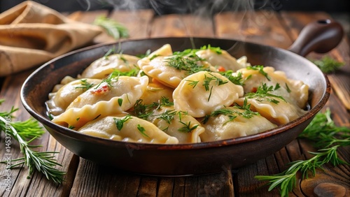 Steaming hot pan of pierogi with melted butter and fresh dill