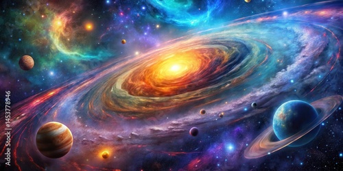 Astronomical scene with vibrant cosmic colors and swirling galaxy patterns in a deep space background