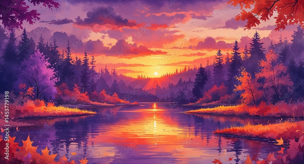 Autumn sunset over a lake surrounded by fall foliage on watercolor warm purples oranges and reds Autumn sunset over a lake surrounded by fall foliage on watercolor warm purples oranges and reds