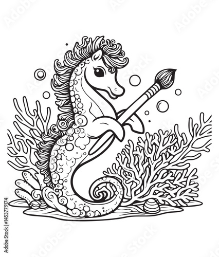 Coloring book seahorse with a paintbrush, surrounded by seaweed. An artistic underwater scene.