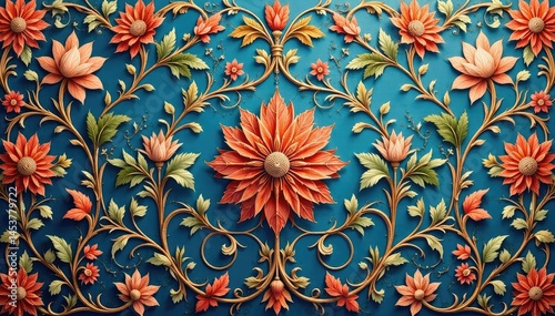 Intricate floral damask, elegant swirls and vines, vine, motif