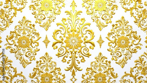 Intricate floral damask pattern in elegant gold and white , art, seamless