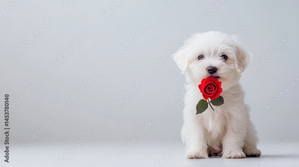 Adorable white maltese dog holding red rose in white studio,valentine day,couple season,gift romantic love concept. Adorable white maltese dog holding red rose in white studio,valentine day,couple season,gift romantic love concept.