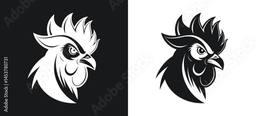 Elegant monochrome rooster head illustration showcasing opposing color backgrounds and distinctive silhouette style