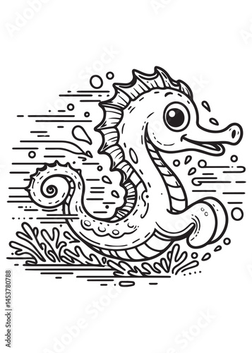 Coloring book Speedy kawaii seahorse swimming quickly through bubbly water.