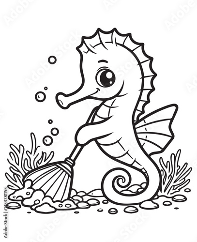Coloring book seahorse sweeping the seabed with a small broom. A cute cleaning scene.