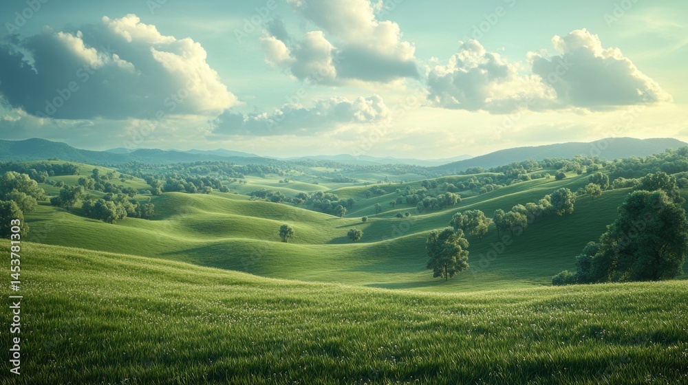 Obraz premium illustration of Summer fields landscape with a dawn,Rainbow, green grass hills, bright color blue sky, country background,banner resting vacation.