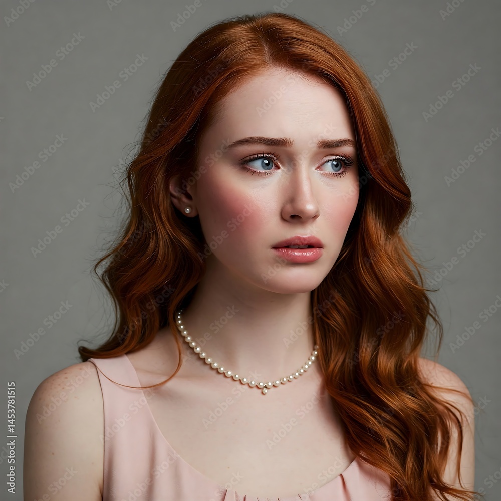 Redhead Woman: Sad Expression with Pearls, Studio Portrait Redhead Woman: Sad Expression with Pearls, Studio Portrait