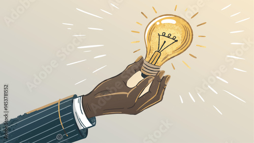 Creative Hand Holding Shining Lightbulb Idea Concept Innovation Inspiration Cartoon Style Illustration