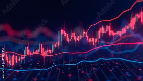 Close-up view of a stock market chart with glowing red and blue candlestick bars, reflecting data analysis, business performance, and financial trends in a digital environment