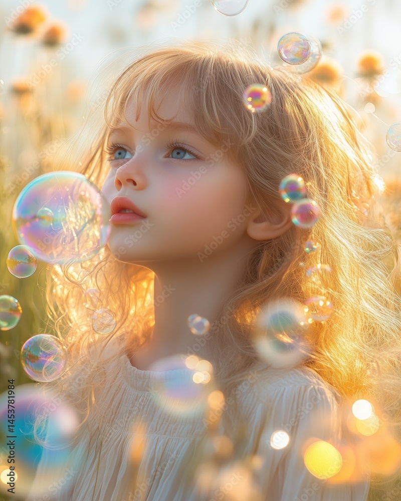 Young girl gazing at floating bubbles in a sunlit flower field during golden hour Young girl gazing at floating bubbles in a sunlit flower field during golden hour