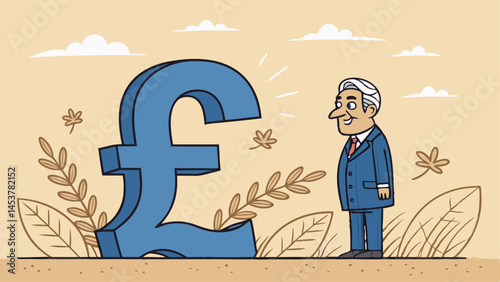 Cartoon Businessman Looking At A Large Pound Sterling Symbol In Nature