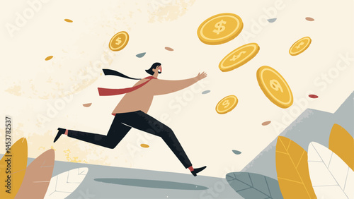 Man Running For Falling Golden Coins Wealth Pursuit Vector Illustration
