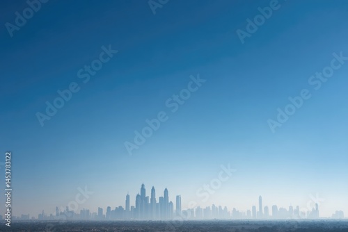 elevated view of dubai iconic skyline contrasted against minimalist blue sky