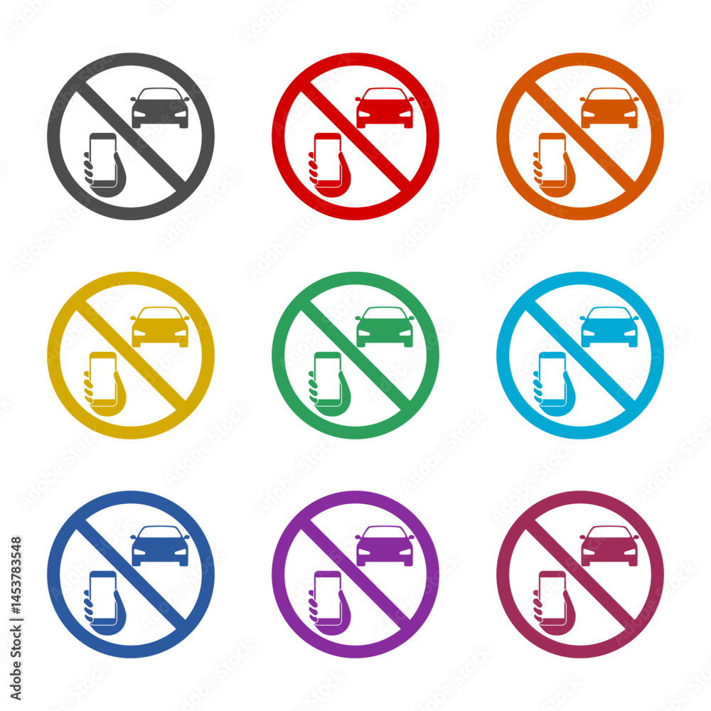 No driving and phone using icon isolated on white background. Set icons colorful No driving and phone using icon isolated on white background. Set icons colorful