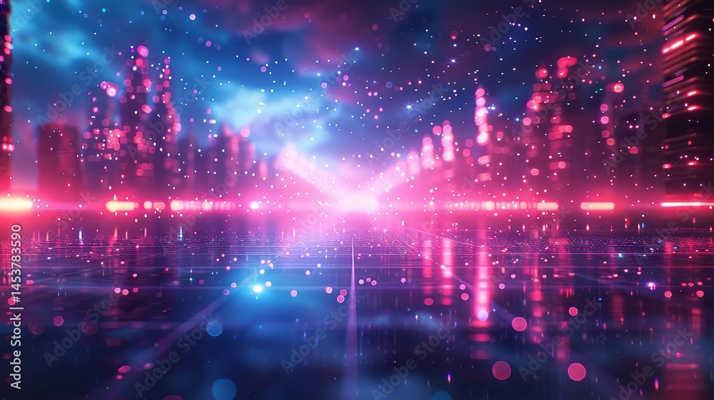 80s Retro Sci-Fi Background Futuristic Grid landscape. Digital cyber surface style of the 1980s. Double infinite grid and lights forward.
