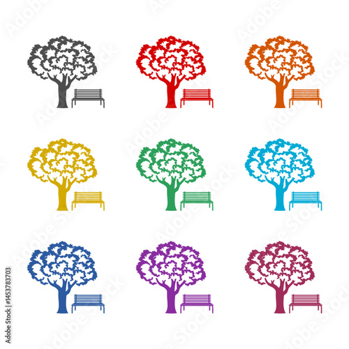 Tree and park bench  icon isolated on white background. Set icons colorful