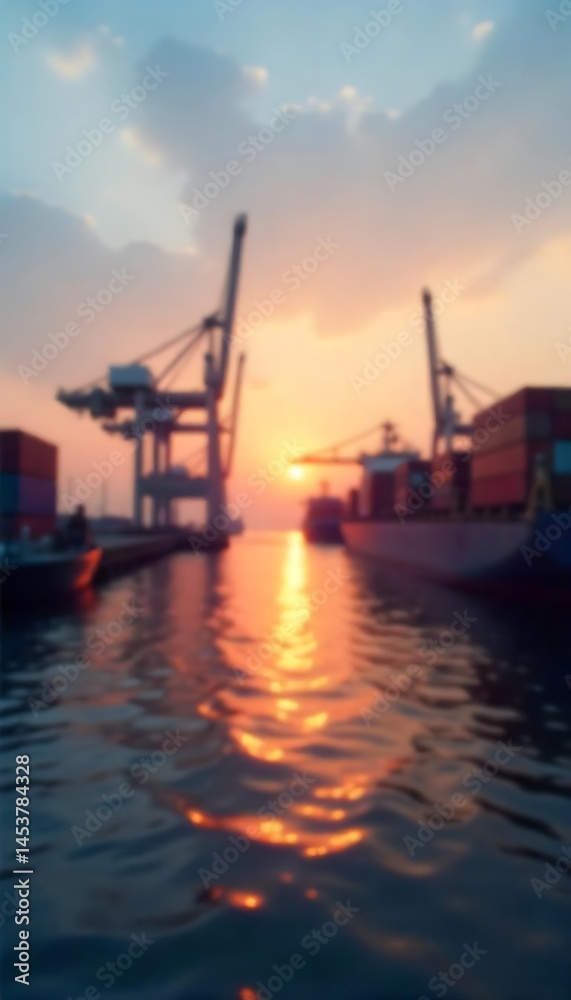 Generative AI Ocean sunset reflections on shipping port cranes blurred view Generative AI Ocean sunset reflections on shipping port cranes blurred view