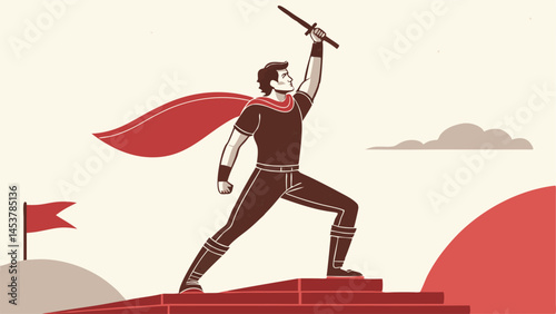 Hero Ascending With Sword Reaching Victory On Steps Graphic Illustration