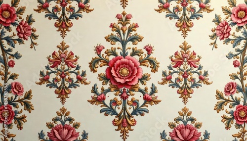 Intricate floral damask pattern in muted tones, wallpaper, damask, background