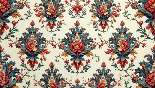 Intricate floral damask, repeating design with acanthus leaves and blossoms , invitation, photography, detail