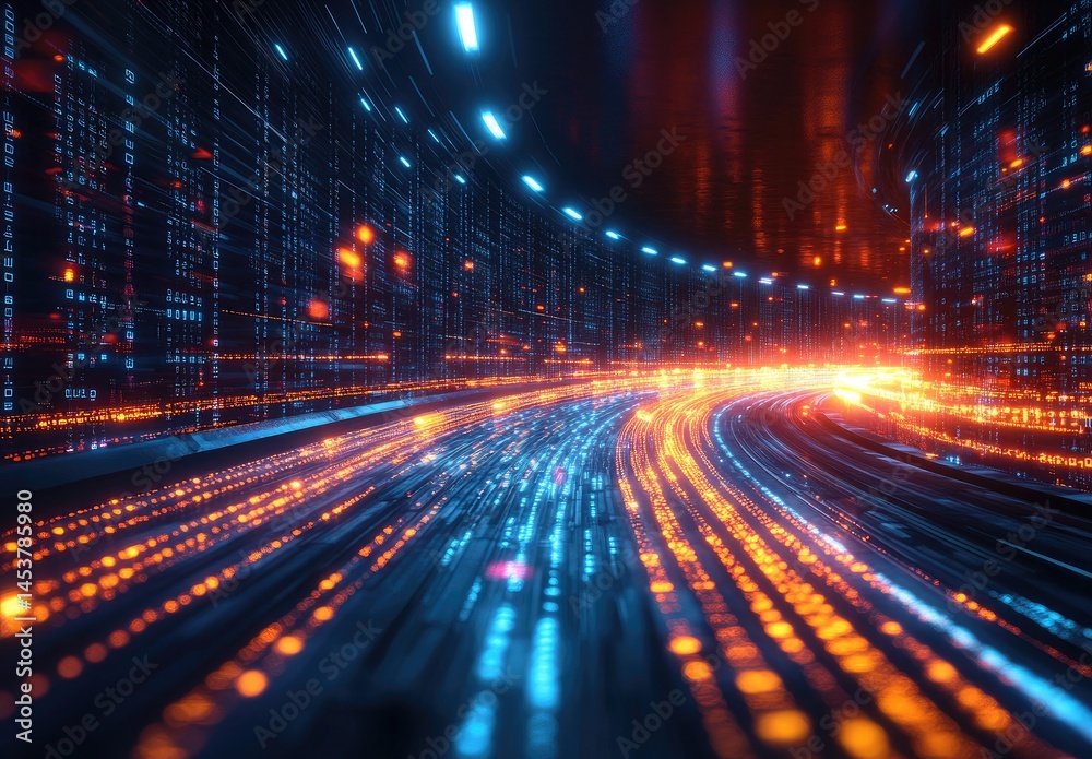 Fototapeta premium Futuristic digital tunnel of vibrant glowing lines and code.