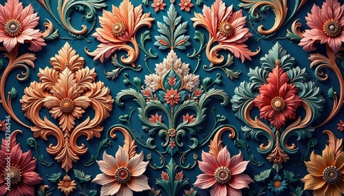 Intricate woven floral damask, elegant swirls & leaves, brocade, repeat