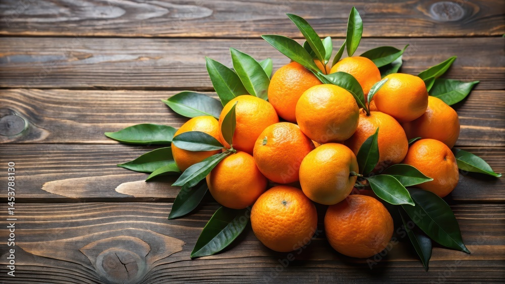 Fresh bunch of oranges with green leaves on top displayed on a wooden table, food, oranges, food,oranges, harvest