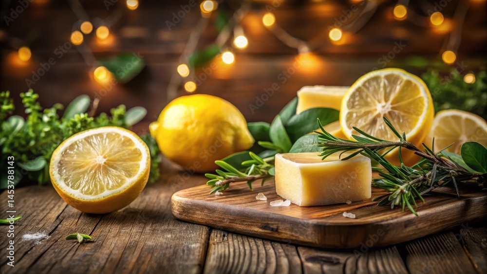 Freshly squeezed lemon slices on a rustic wooden table