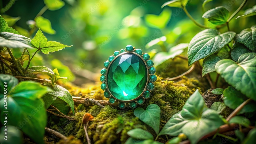 A vibrant turquoise green gemstone nestled among lush green leaves and vines in a natural forest setting, foliage, natural surroundings