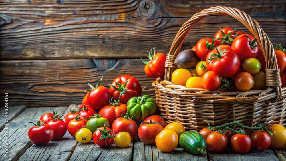 A vibrant arrangement of various colorful tomatoes forms a stunning background against a rustic wooden table and wicker basket, produce, colorful tomatoes
