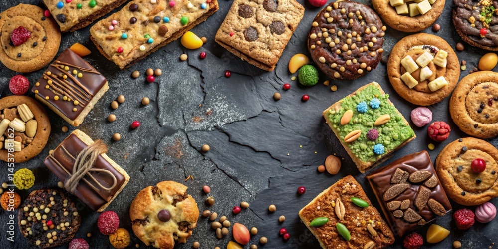 A selection of colorful cookies and brownies arranged on a dark canvas background, with a few sprinkles and chopped nuts adding texture and visual interest , sprinkles, dessert