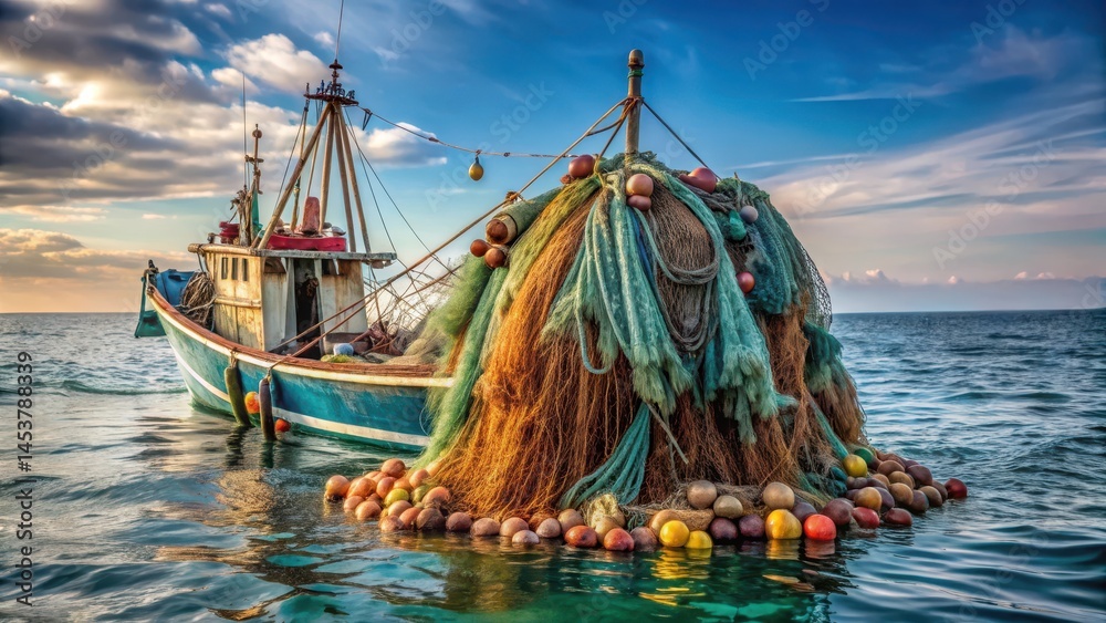 A fishing boat with a tangled mass of fishing nets hanging off its back, the nets partially covering the deck and stretching down to the water's edge , marine life, ropes
