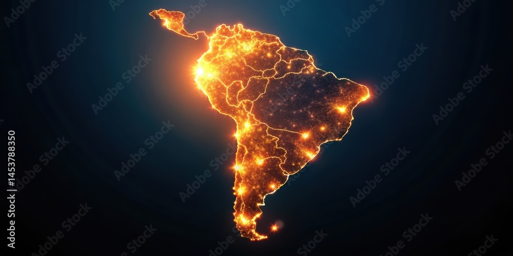 A stylized, glowing map of South America with vibrant orange and blue lights illuminating the landscape