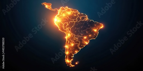 Obraz na płótnie A stylized, glowing map of South America with vibrant orange and blue lights illuminating the landscape w salonie