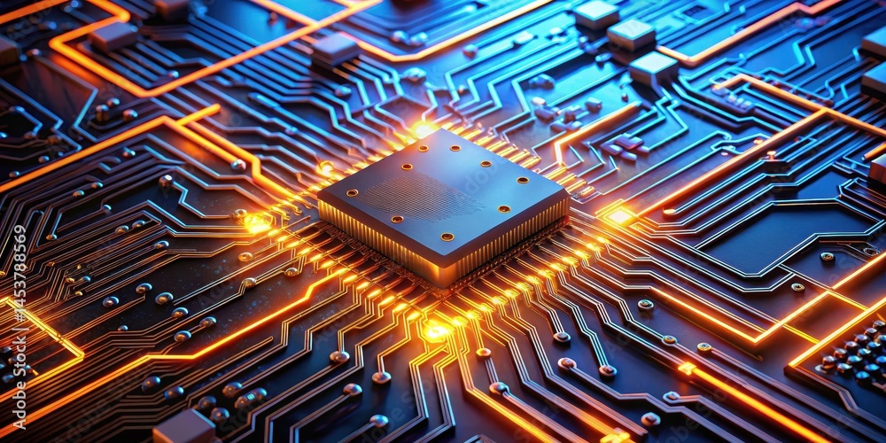 Futuristic glowing orange and blue circuit board with intricate wiring and microchips in a futuristic laboratory setting, technology, circuit board