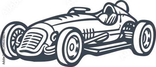 Vintage Formula 1 race car front view in black and white, detailed line art illustration with retro style and mechanical precision


