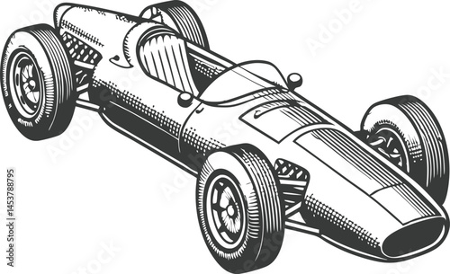 Vintage Formula 1 race car front view in black and white, detailed line art illustration with retro style and mechanical precision

