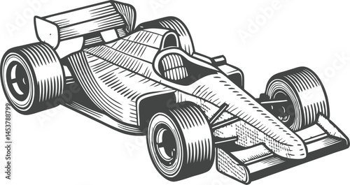 Vintage Formula 1 race car front view in black and white, detailed line art illustration with retro style and mechanical precision


